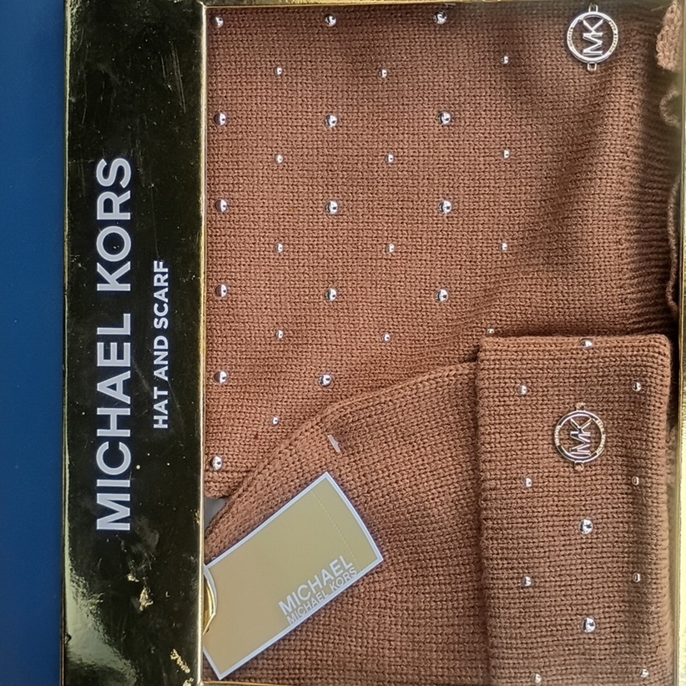 Michael Kors Tan Hat and Scarf Set with Embellishments